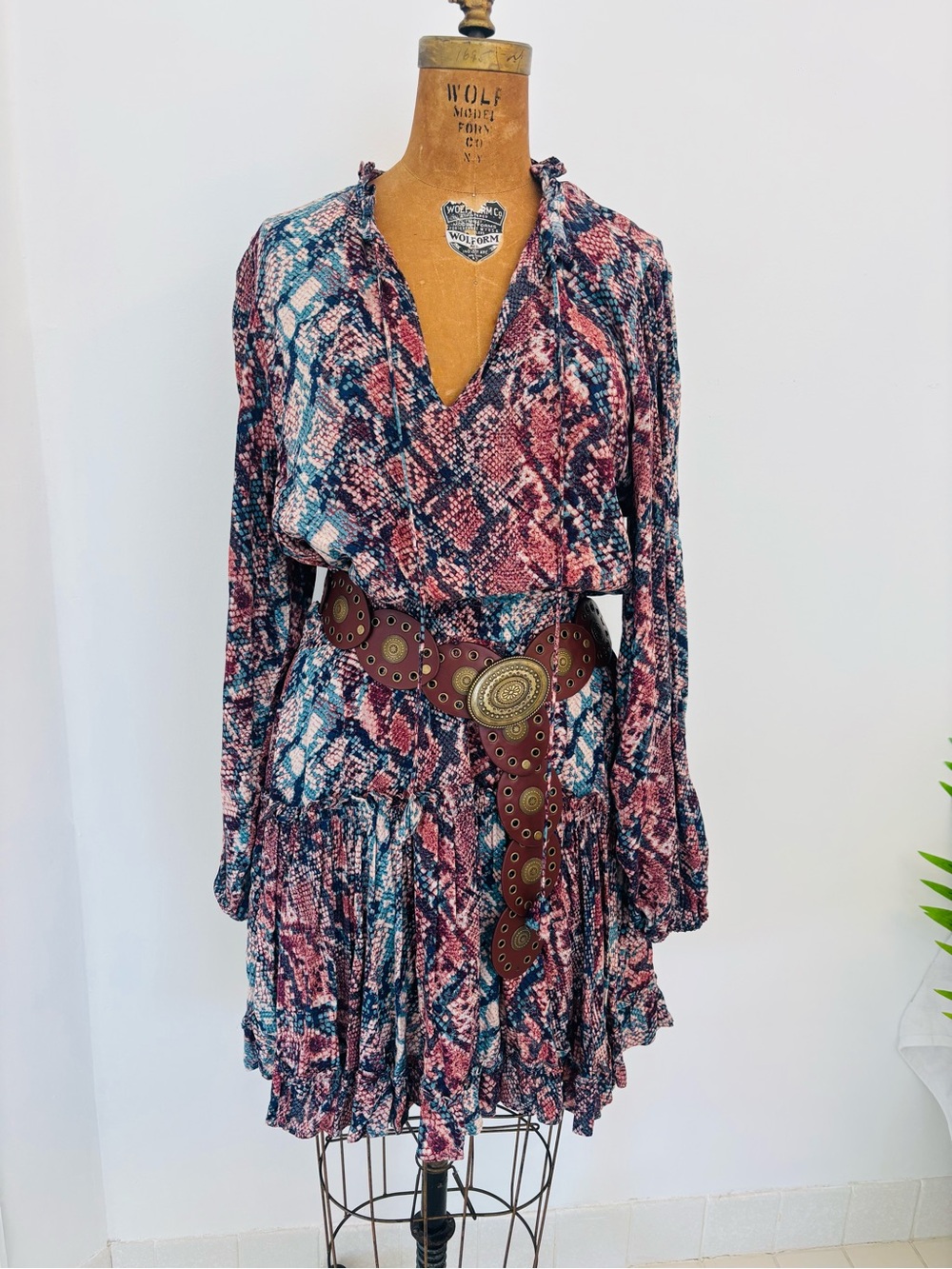Dear John Boho Peasant Snake Print Tiered Mini Dress Medium Country Festival Fun